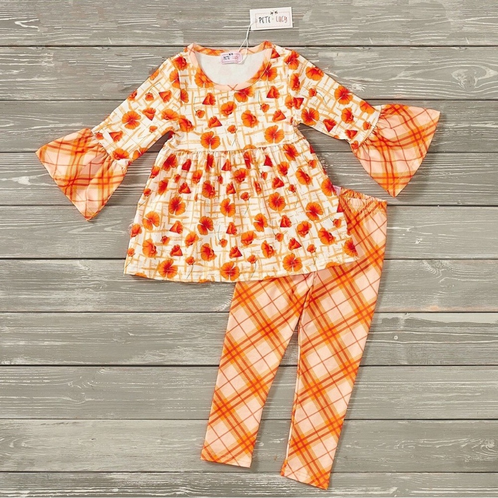 Pete + Lucy’s Poppy Love design. Two-Piece long sleeve shirt and pants.